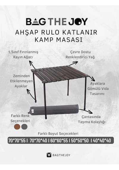 Bag The Joy 70 x 70 x 55 CM Ahşap Katlanır Kamp Masası - Antrasit Gri
