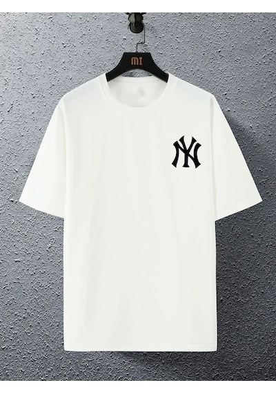 Adrift Unisex Yankees Özel Baskılı Oversize Penye Bisiklet Yaka T-shirt Beyaz