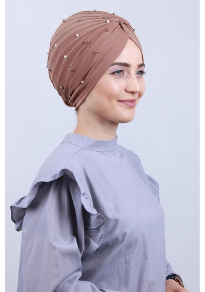 Melodi Scarf Kadın Tesettür İncili Taşlı Vera Dış Bone Vizon Vizon