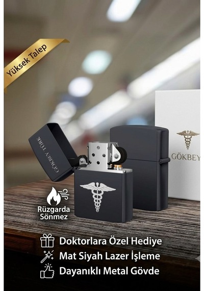 İsime Kişiye Özel Sağlık Temalı Doktor & Sağlıkçılara Hediye Metal Benzinli Çakmak Dolu Gönderim Siyah