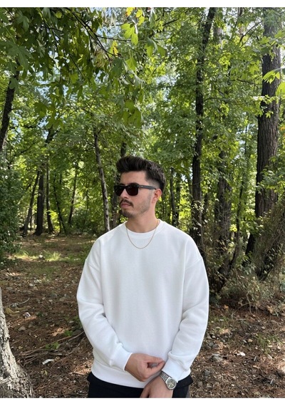 Erkek Oversize Bisiklet Yaka Geniş Kesim Sweatshirt Beyaz