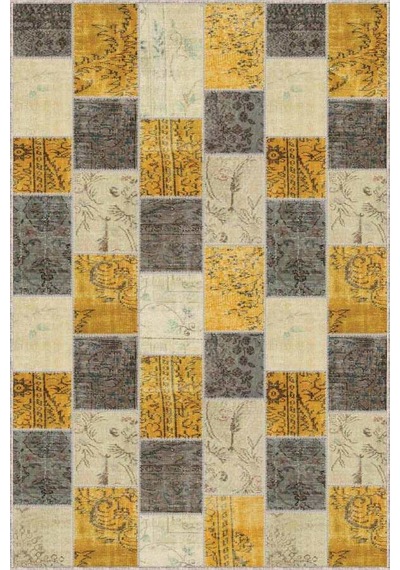 Sarı Patchwork Kaymaz Taban Makinede Yıkanabilir Halı Rv227n11