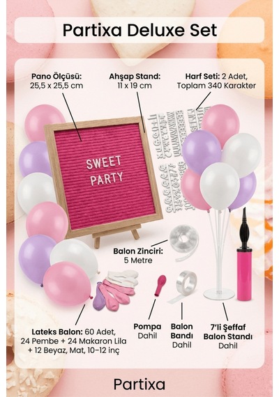 Tatlı Temalı Doğum Günü Süsleme Deluxe Set Pembe Keçe Yazı Panosu Standlı Pompa Balon Zincirli 7 Li Şeffaf Balon Standlı 1 - 12 Yaş