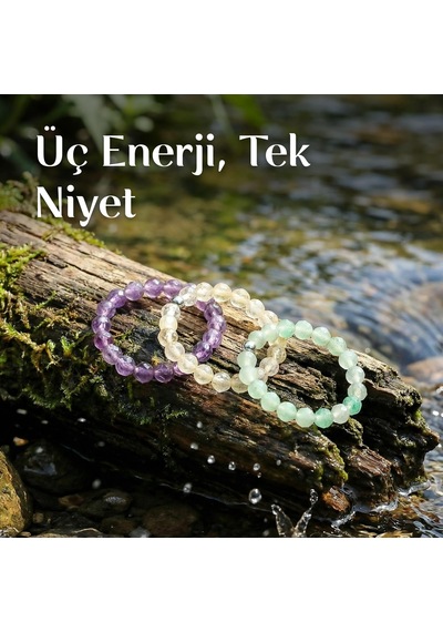 Doğal Taş Lastikli Yüzük Seti Ametist, Aventurin, Açık Renkli Sitrin 3.5 MM Çok Renkli