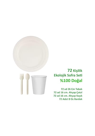 Ekolojik Doğal 26 Cm. 72 Kişilik Parti Piknik Sofra Sunum Seti - Tabak Bardak Çatal Kaşık Takımı