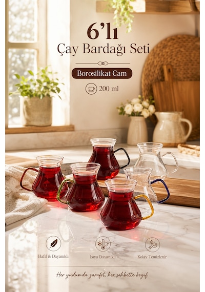Perotti 16013 Ehl-i Keyf Renkli 6'lı Borosilikat Çay Bardağı Set Renkli