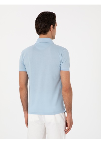 Buz Mavisi Slim Fit Polo Yaka Pamuklu Basic T-shirt Acık Mavı