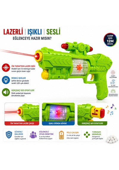 Lazerli Işıklı Sesli Döner Gövdeli Oyuncak Uzay Silahı Yeşil