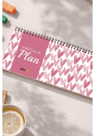 Tarihsiz Spiralli Haftalık Masaüstü Planlayıcı - Kalpler - 10x30 Cm Plango Turkuaz