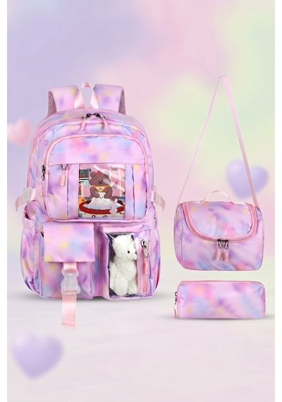 Kawaii Kore Tarzı Pembe Twil Kumaş Desenli Sırt Çantası,beslenme Çantası Ve Kalemlikli Üçlü Set