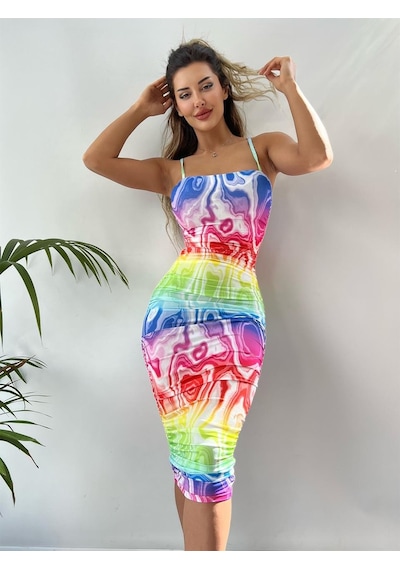 Pink Life Trend Rummer Desing Sandy Kumaş Midi Elbise