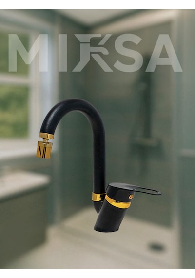 Lüx Siyah-gold Baston Borulu Oynar Başlıklı Perlatörlü Banyo Lavabo Bataryası, Çiftsugirişli