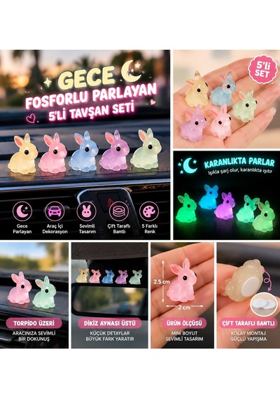 Gece Fosforlu Parlayan 5'li Tavşan Araç İçi Torpido Ve Dikiz Aynası Süsü