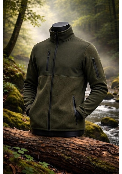 Vatan Tekstil Slim Fit Erkek Tam Fermuarlı Dik Yaka 4 Cepli Polar Softshell Garnili Haki