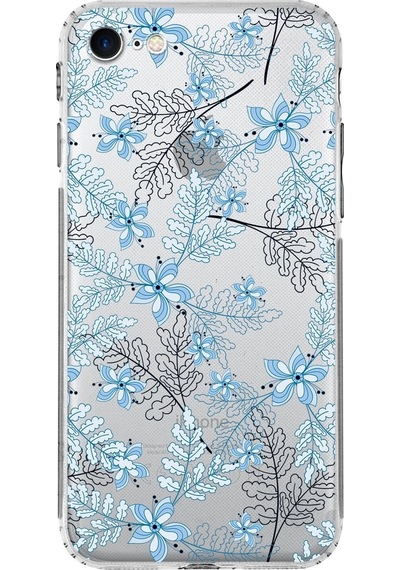 Apple Uyumlu iPhone Se 2020kamera Korumalı Kapak Floral Mavi Tasarımlı Şeffaf Kılıf