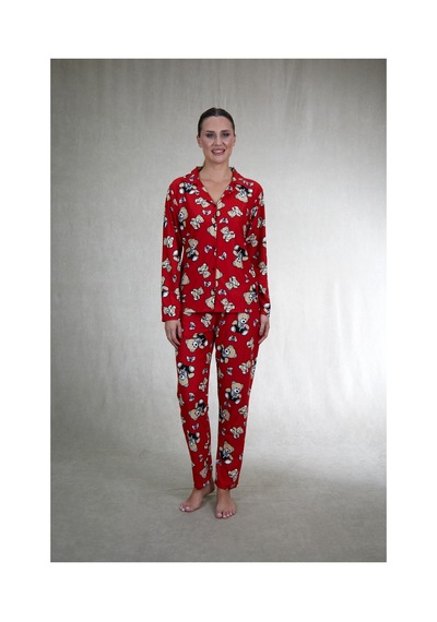 Estiva Kadın Ayıcık Desenli Önden Düğmeli Süet Pijama Takımı Kırmızı
