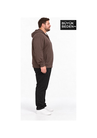 Süperlife Erkek Büyük Beden İki İplik Kapüşonlu Fermuarlı Cepli Sweatshirt Hırka Spr26bhr961 Kahverengi