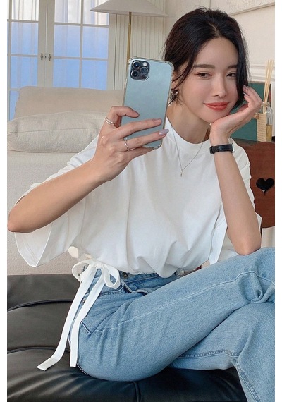 Kadın Oversize Basic Haki Tişört Yan Bağlamalı Rahat Kesim Günlük Yazlık T-shirt Beyaz