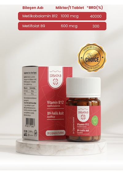 Erbatab Vitamin B12 Folik Asit B9 Takviye Edici Gıda 30 Çiğneme Tablet