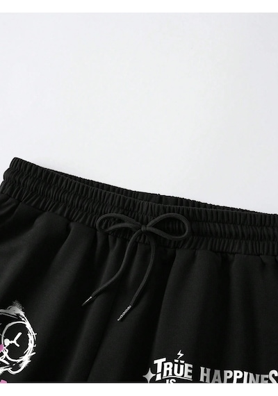 Cartoon Graphic Drawstring Waist Şort Siyah