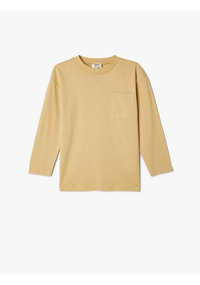 Koton Oversize Basic Tişört Cepli Uzun Kollu Bisiklet Yaka Pamuklu Bej 5wkb10407tk Ekru