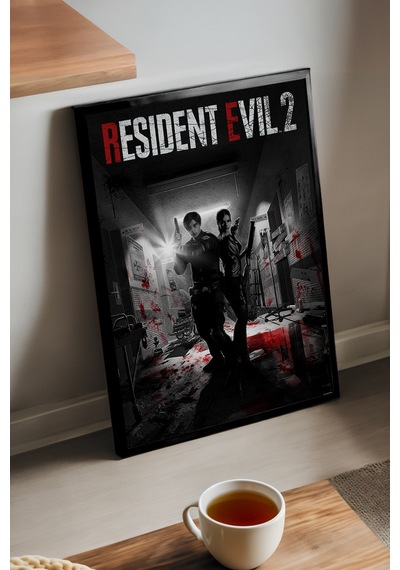 Resident Evil 2 Siyah Ahşap Çerçeveli Poster, Dekoratif Oyun Duvar Tablosu