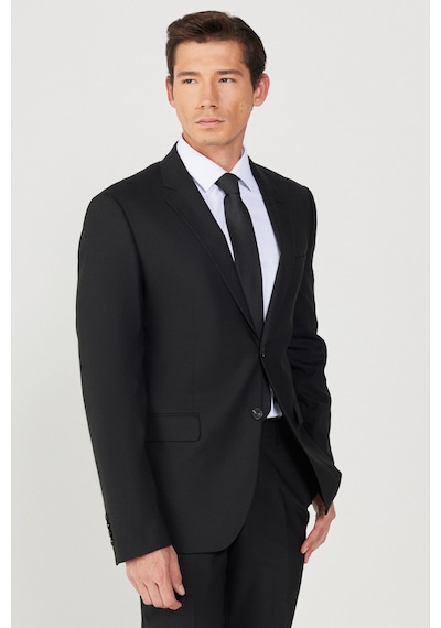 Ac&co Erkek Sıyah Yünlü Slim Fit Mono Yaka Kapak Cepli Takım Elbise Siyah