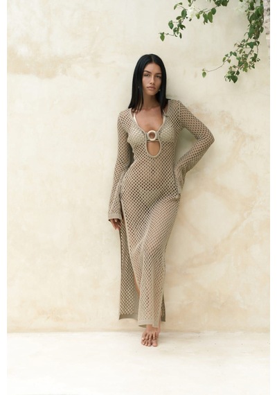 Mai Collection Mai Studios Co. Seyşeller Ahşap Halka Detay Vizon Triko Elbise Vizon
