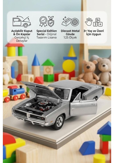 Maisto Lisanslı Metal Dodge Charger R/t 1969 1:25 Kapısı Ve Kaputu Açılabilir Oyuncak Model Araba Gri