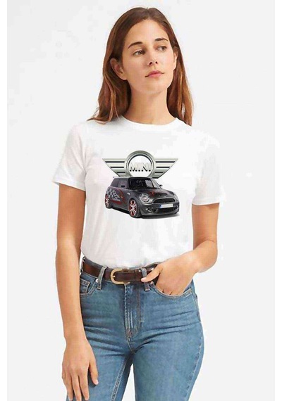 Mini Cooper Car Baskılı Beyaz Kadın Tshirt