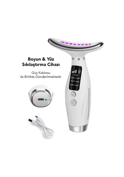 Boyun Ve Yüz Masaj Cihazı - 7 Modlu Led Işıklı Titreşimli Gıdık Sarkma Kırışıklık Güzellik Cihazı Beyaz