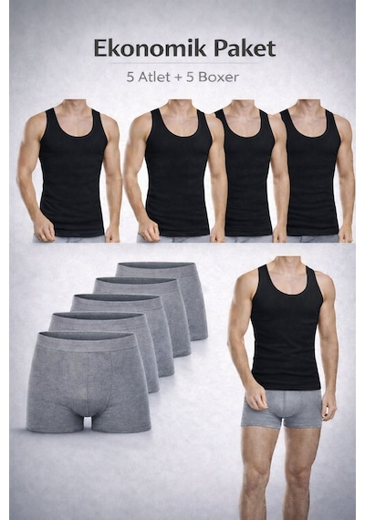 Qulat Erkek Atlet Boxer Seti 10 Lu Ekonomik Paket 5 Atlet + 5 Boxer Pamuklu İç Giyim Siyah - Gri