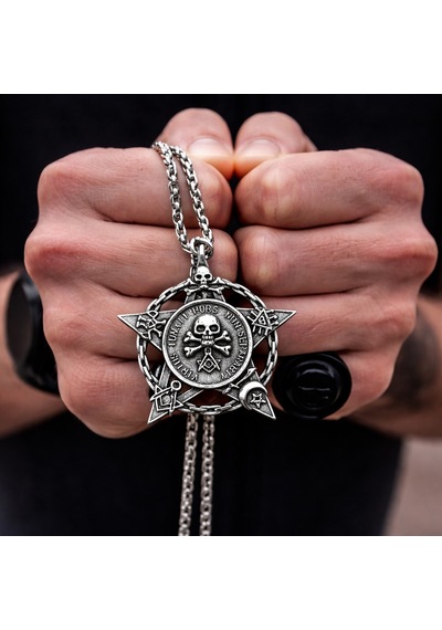 Paslanmaz Çelik Okült Sembollü Erkek Gotik Kurukafa Pentagram Kolye Çelik