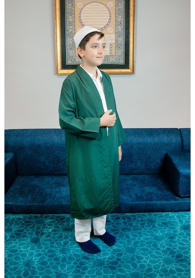 Yeşil Buhara Yaka Namaz Elbisesi Erkek Çocuk Cübbe Yeşil