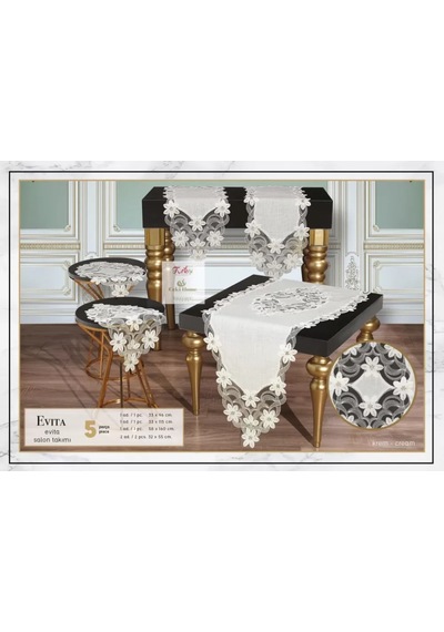 Cekihome Evita Model Krem-krem 5 Parça Keten Dantelli Salon Takımı Runner Seti No 6859