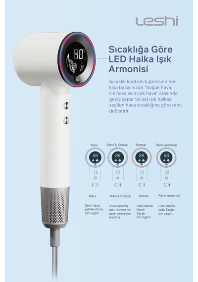 Akıllı-negatif İonizerli Saç Kurutma Makinesi-4 Mod Isı Ayarlı, Dijital Isı Göstergeli, Led Işıklı