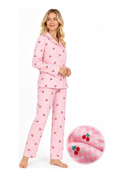 Sleeeproom Kadın Süet Düğmeli Mevsimlik Ekose Desen Pudra Pijama Takımı Pudra - Beyaz