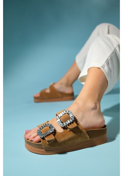 Luvishoes Polacca Taba Süet Taşlı Çift Bantlı Hakiki Deri Kadın Kalın Tabanlı Terlik Taba