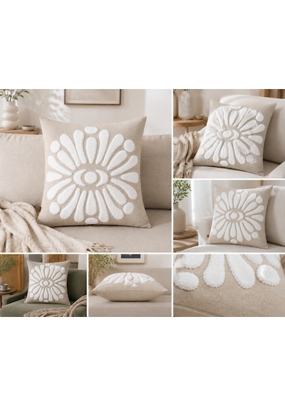 Flora 43x43 Cm Dekoratif Kırlent Kılıfı Kabartmalı Çiçek Desenli Modern Koltuk Yastık Kılıfı Bej