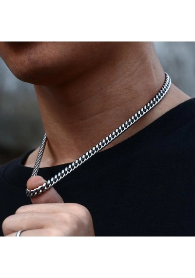 Gümüş Renk Cuban İnce Paslanmaz Çelik Unisex Erkek Zincir Kolye 55 Cm. Çelik Kolye - 2676 Gümüş