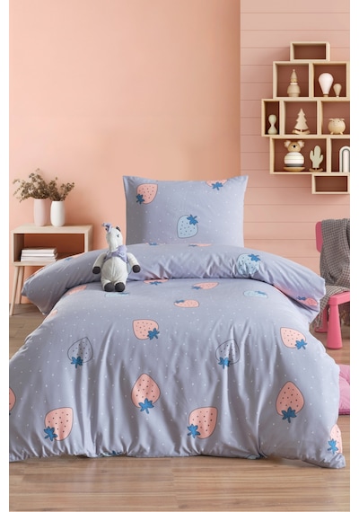 Eponj Home Tek Kişilik Pamuklu Nevresim Takımı 3 Parça Çilek Desen Gri / Yumuşak Dokulu Gri