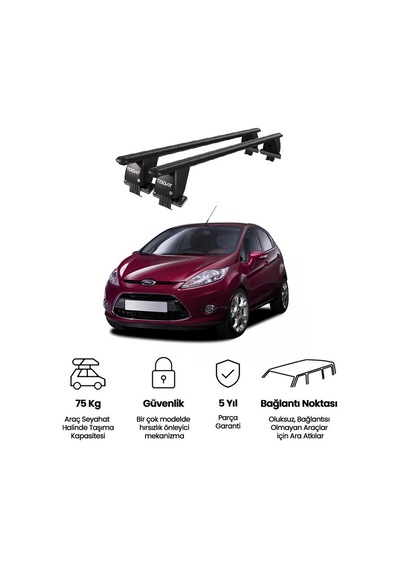Royal Ford Fiesta Vı 2008-2013 Uyumlu Siyah Kilitli Ara Atkı Port Bagaj Tavan Barı