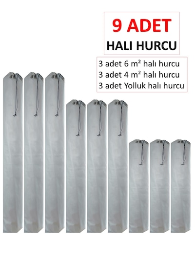 9 Adet Tela Kumaş Halı Hurcu Bağcıklı 6m2 -3 Adet -4m2 .3 Adet - Yolluk 3 Adet Gri
