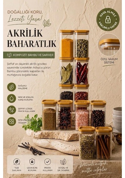 12'li Bambu Görünümlü Etiketli Sızdırmaz Kapaklı Baharatlık Seti 350 Ml Diğer