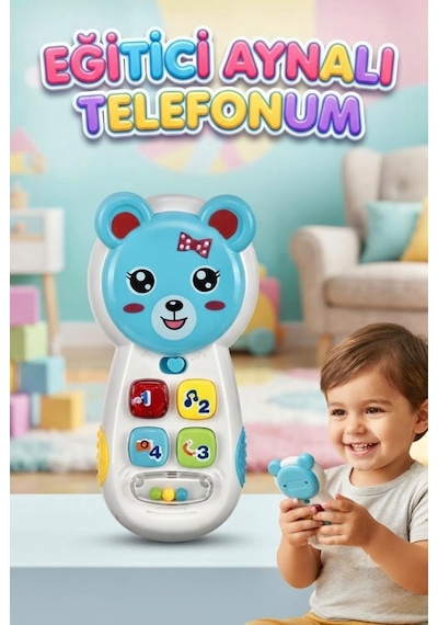 Tıfıl Toys Eğitici Aynalı Müzikli Telefon - Işıklı Sevimli Ayıcık Figürlü Bebek Gelişim Oyuncağı Mavi