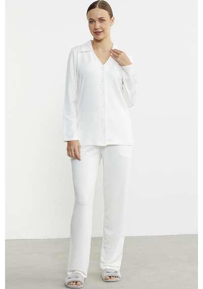 Sementa Gömlek Model Nakışlı Pijama Takım - Ekru Ekru