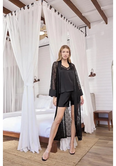 Ang Butik Kadın Uzun Kollu Dantelli Ve Kuşaklı Sabahlık Takımı Siyah