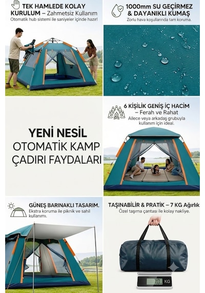 6 Kişilik Tam Otomatik Tenteli Çift Kapılı Kare Kamp Çadırı | 240 x 240 x 160cm | Su Geçirmez