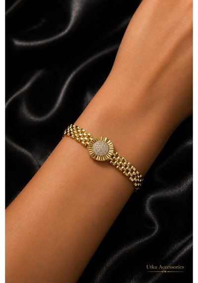 Cmjewelry Saat Görünümlü Gold Çelik Bileklik Altın