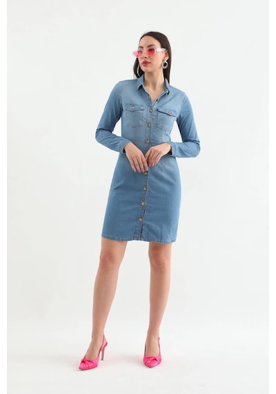 Blue White Kadın Uzun Kollu Düğmeli Jean Elbise Açık Mavi 001 Açık Mavi S